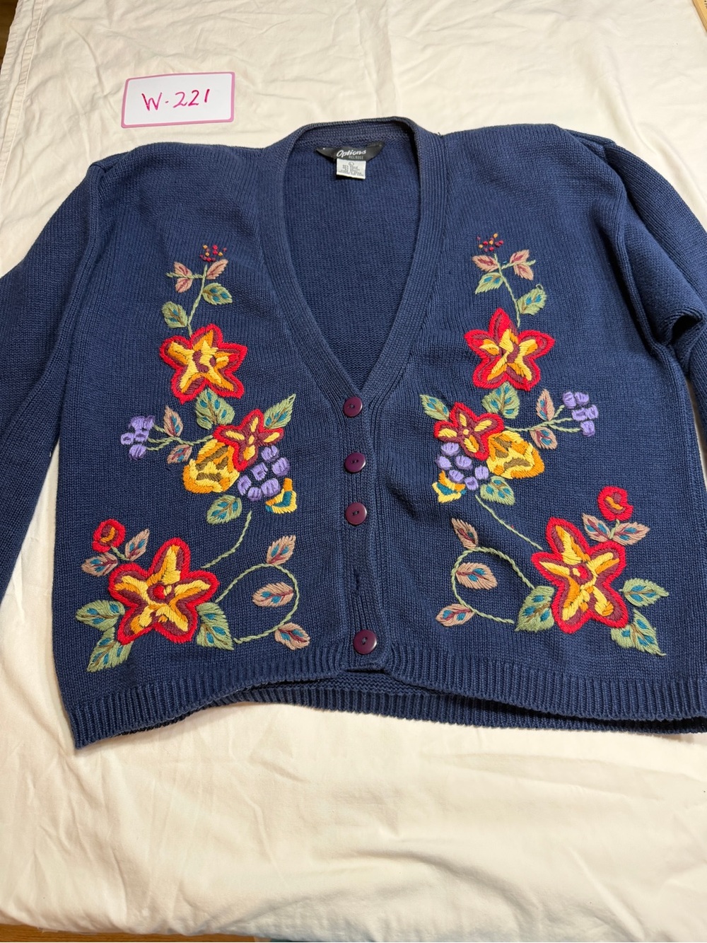 Vintage Option Navy Floral Embroidered V-Neck Cardigan